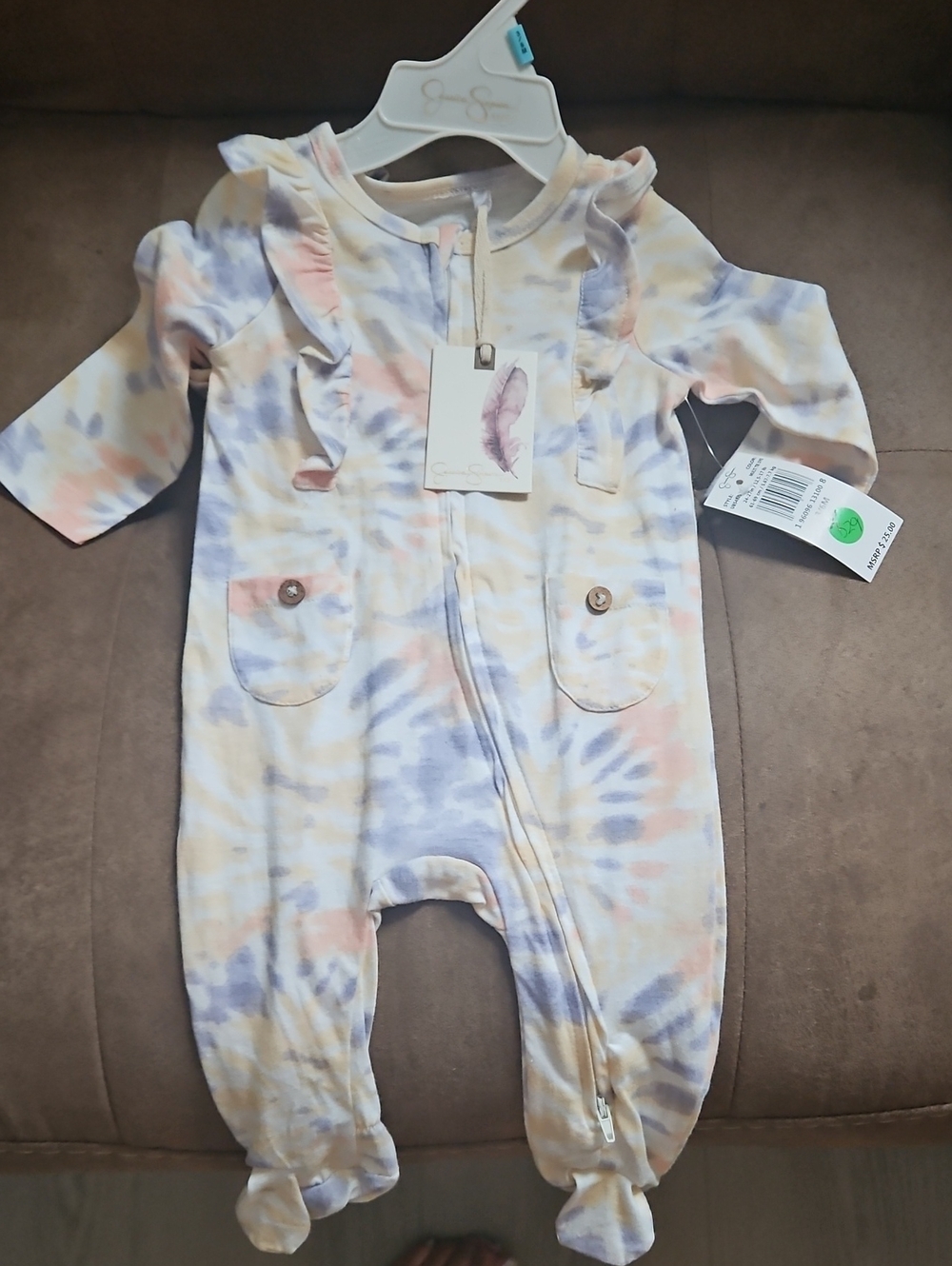 Jessica Simpson Pastel Tie-Dye Footed One-Piece with Ruffle Shoulders
